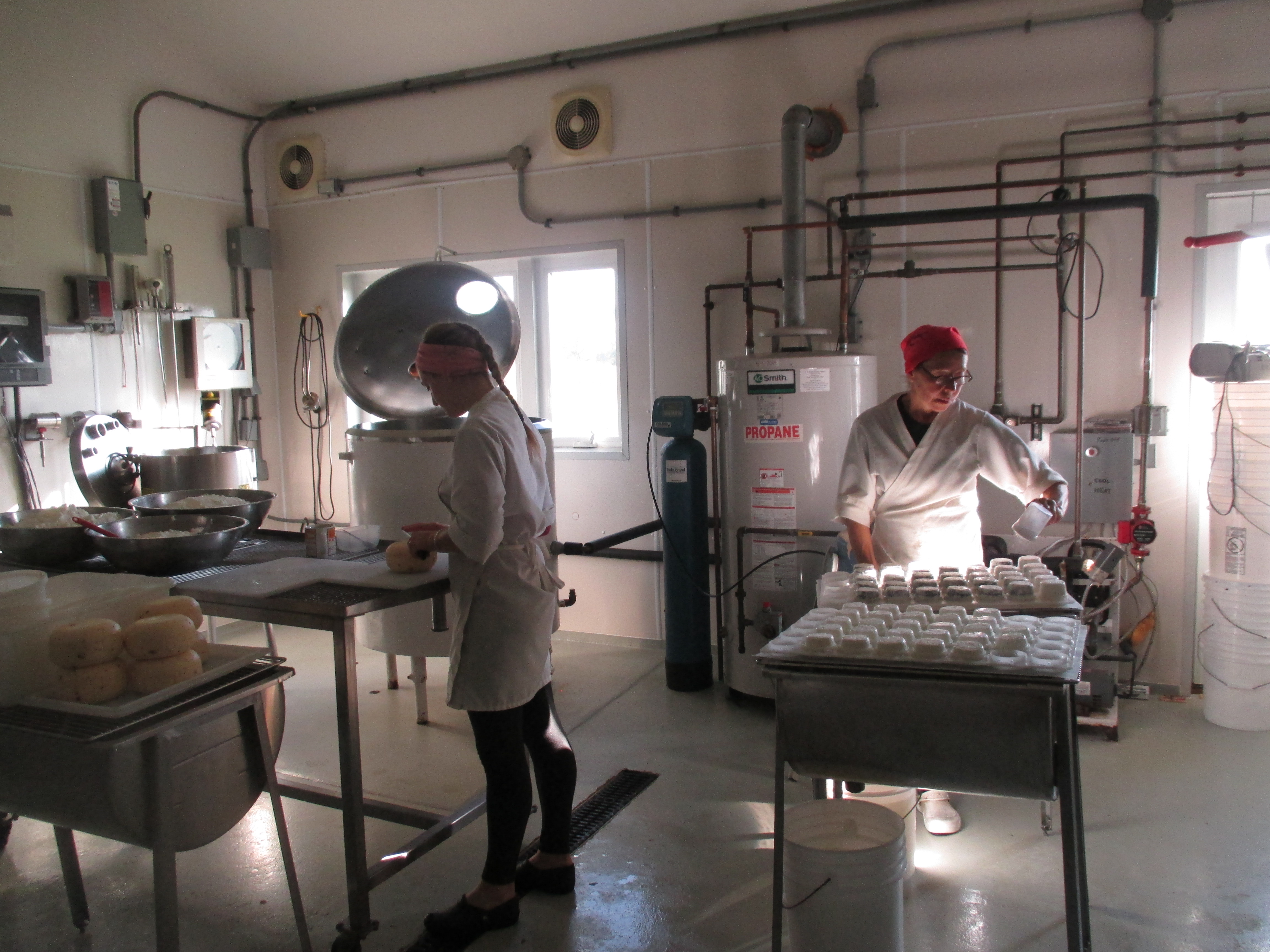 Alicia (left) and Diana (right) work to process and package their products in the Cheeserie. Photo by Becca Radix.